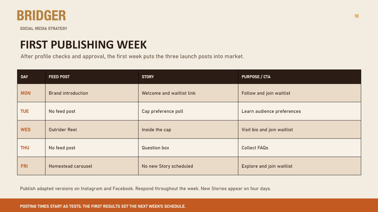 Slide showing the day-by-day plan for the first publishing week