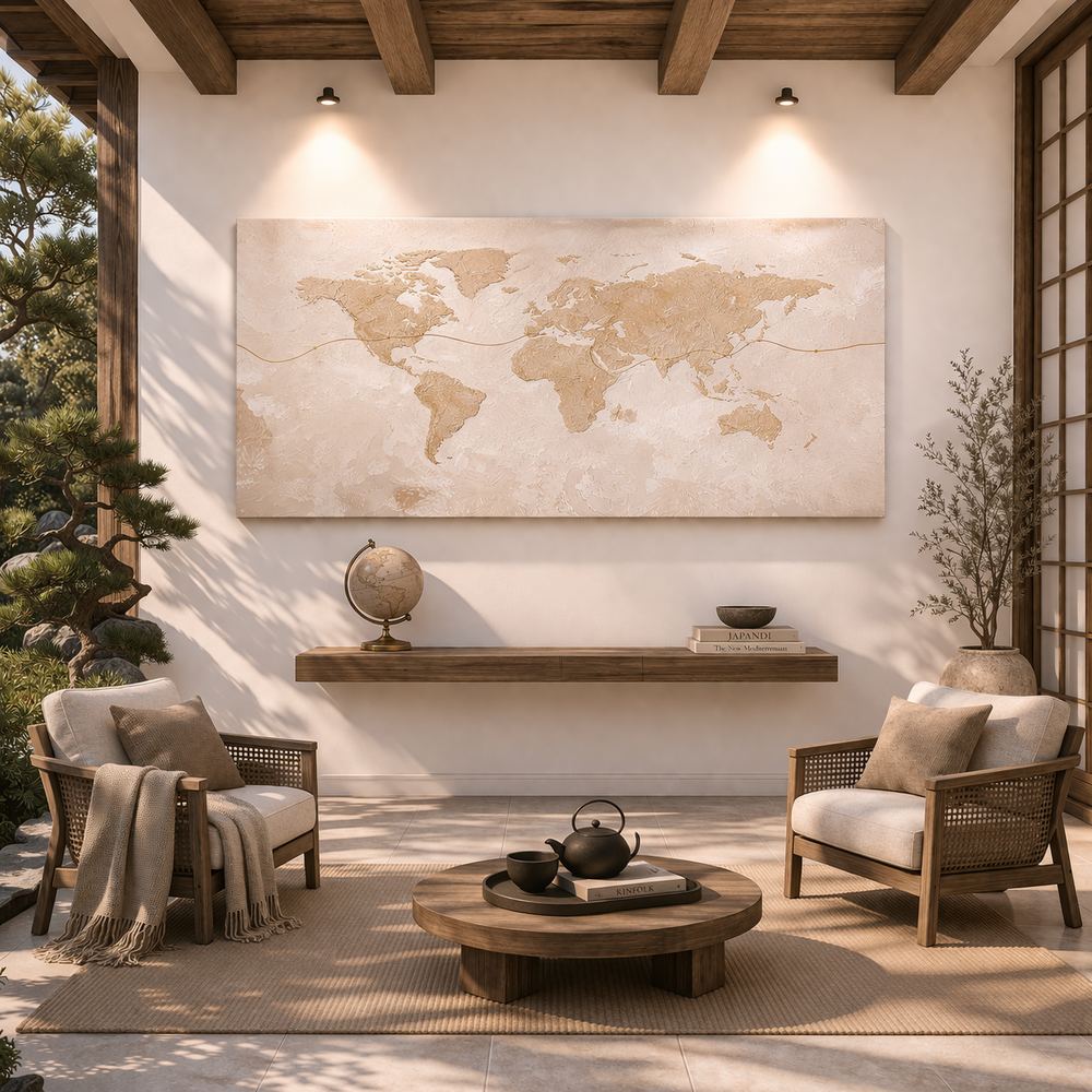 Canvas artwork placed in a generated scene: covered terrace