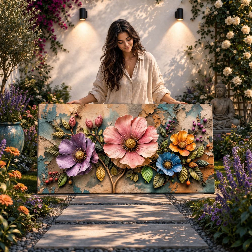 Canvas artwork placed in a generated scene: garden, lifestyle shot