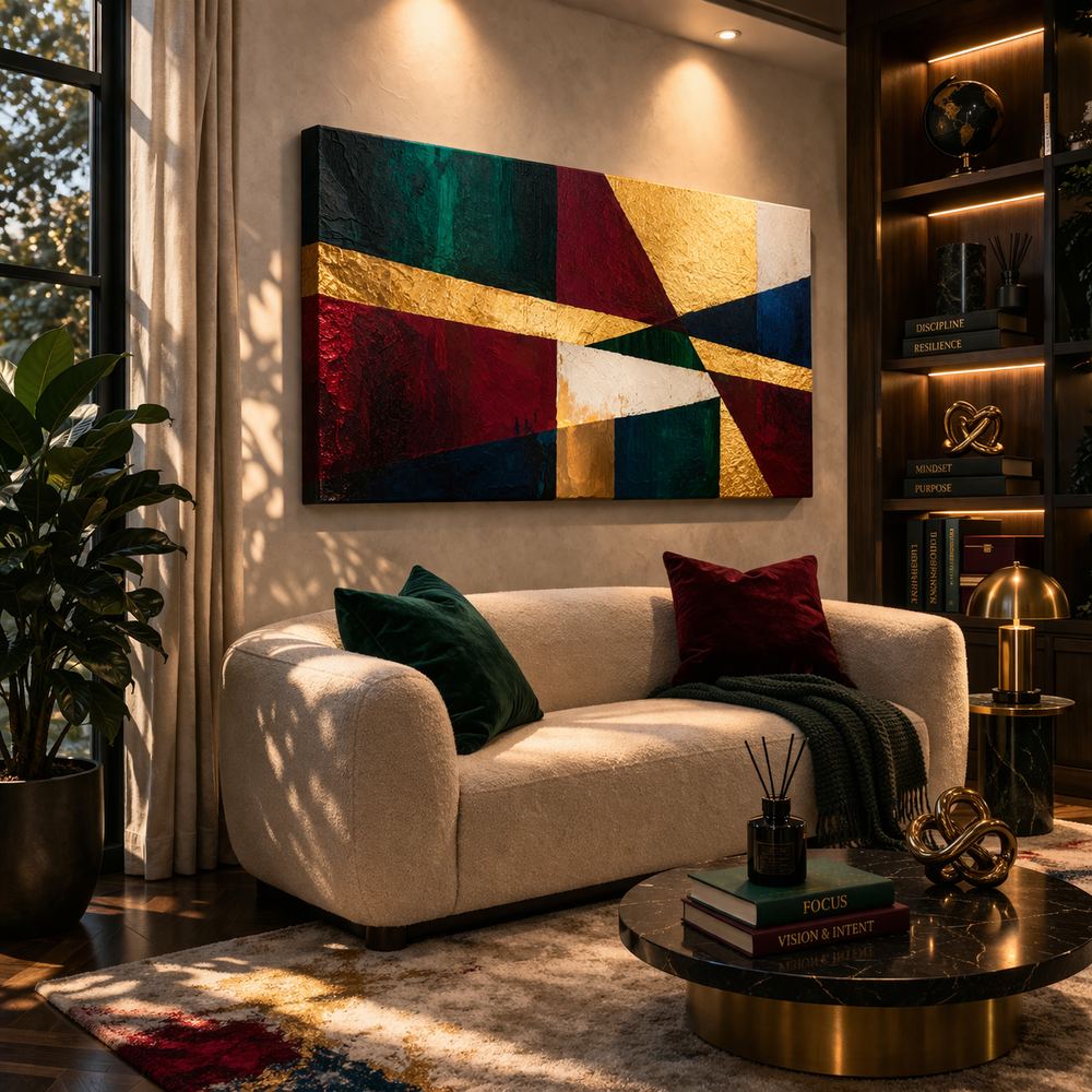 Canvas artwork placed in a generated scene: living room, side angle