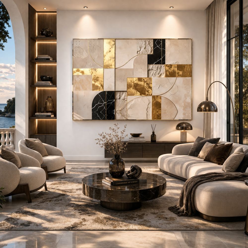 Canvas artwork placed in a generated scene: living room, front