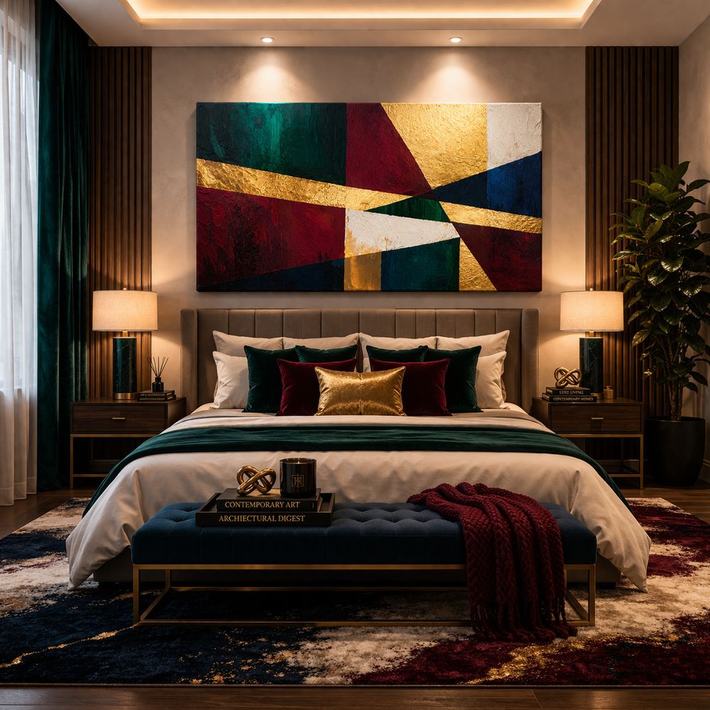 Canvas artwork placed in a generated scene: bedroom