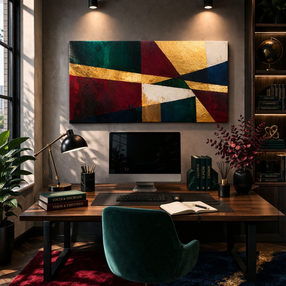 Canvas artwork placed in a generated scene: study