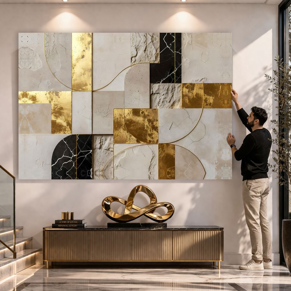 Canvas artwork placed in a generated scene: lifestyle shot, horizontal