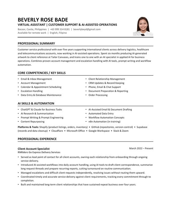 Two page resume for Beverly Rose Bade